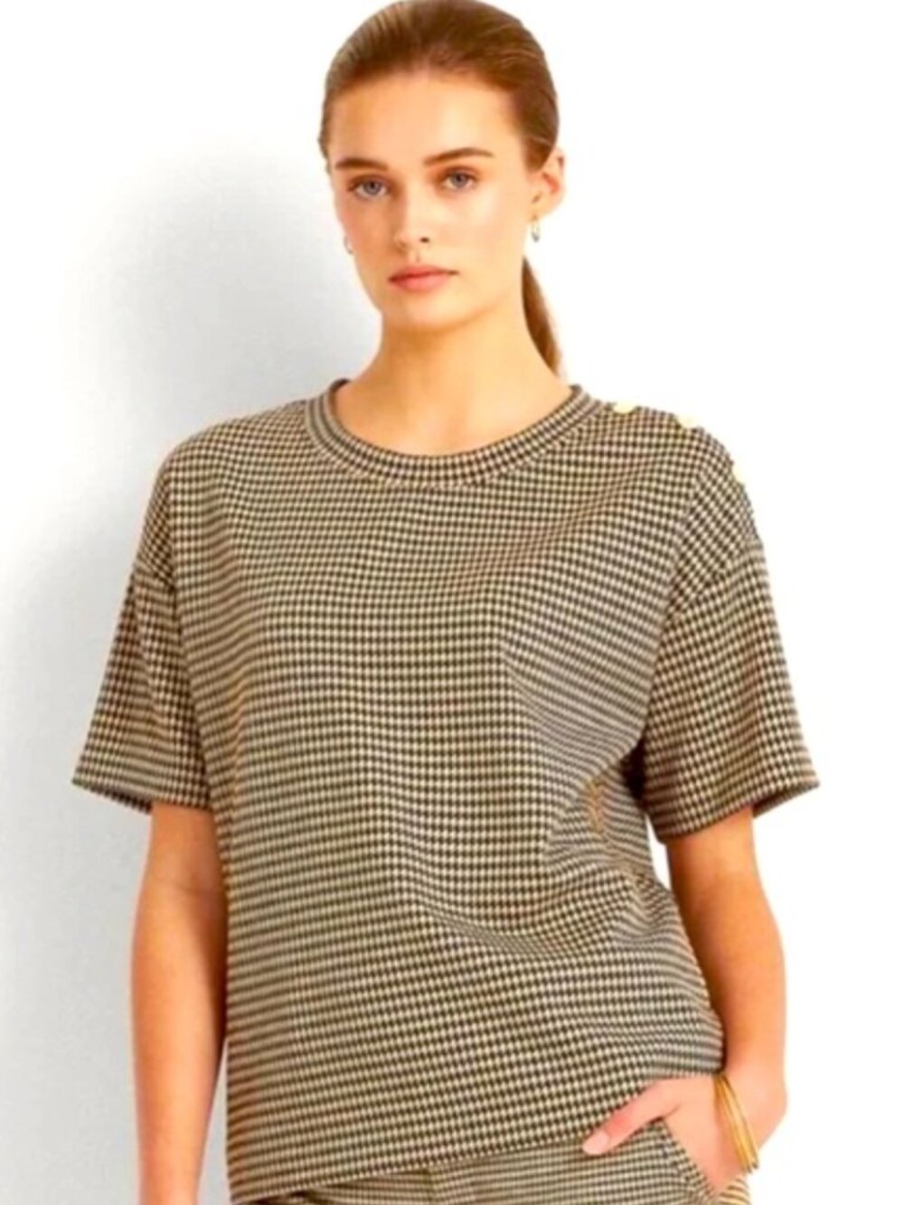 New Lauren Ralph Lauren Houndstooth Short Sleeve Jacquard Top Brown Womens Large